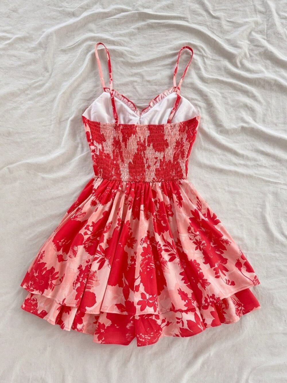 Red Boho Women's Ruffle Collar, Ruched Waist Spaghetti Strap A-Line Romper - Picture 3 of 12